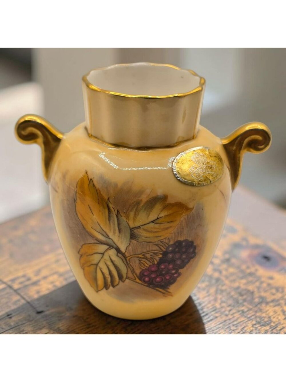 Aynsley Orchard Gold Bone China Hand-Painted Mini Vase Gold Handles Fruit Design